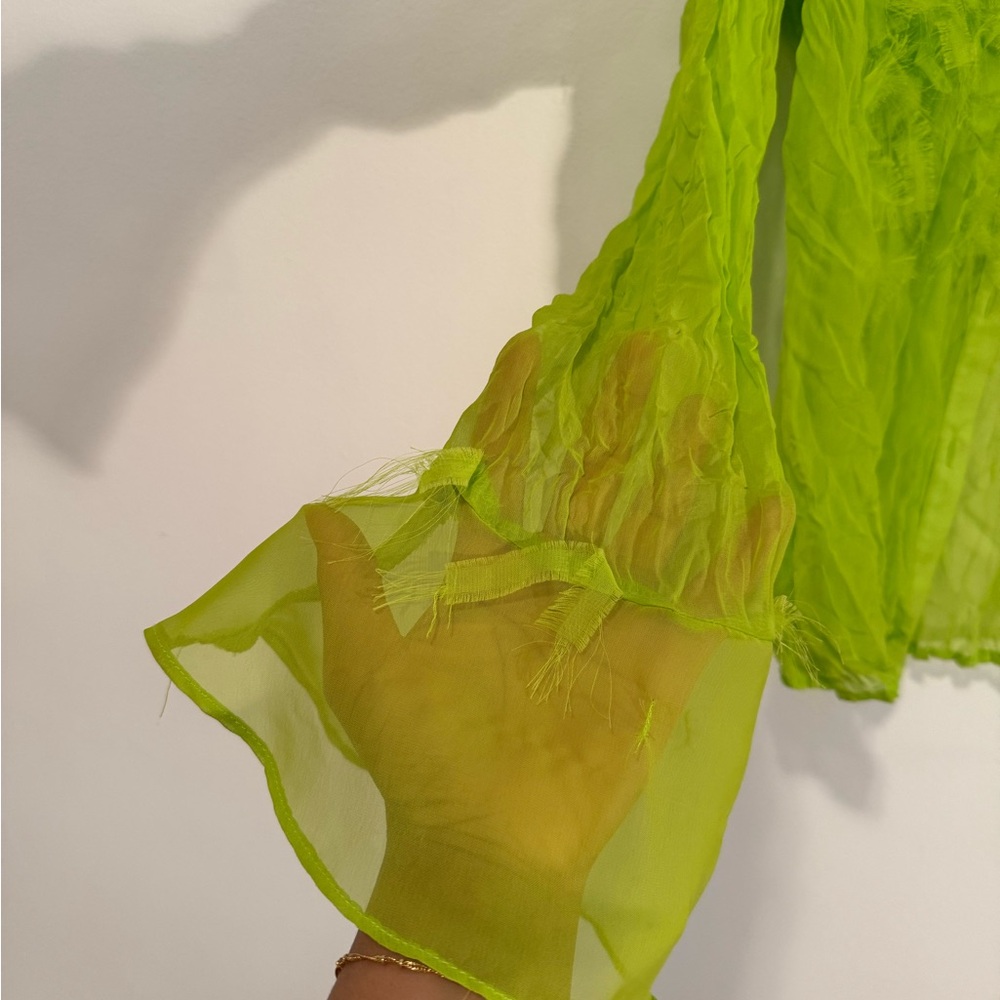 Lime Green Ruffle Button-Front Blouse - Picture 2 of 6